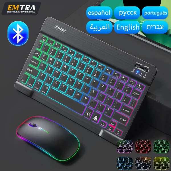 EMTRA-Teclado retroiluminado con Bluetooth, Mouse para IOS, Android, Windows, iPad, portugués, español