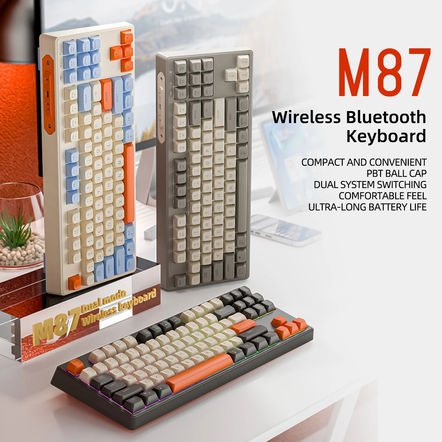 Teclado Bluetooth M87 para juegos, conexión de modo Dual 2,4G, tapa de bola PBT, luz arcoíris, adecuado para computadoras, portátiles y Mac