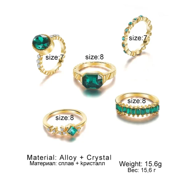 KISSWIFE-Juego de anillos de Gema verde Vintage para mujer y niña, anillos de dedo de circón de Metal de Color dorado, joyería elegante para mujer, 5 unids/set, 2022 - Imagen 6