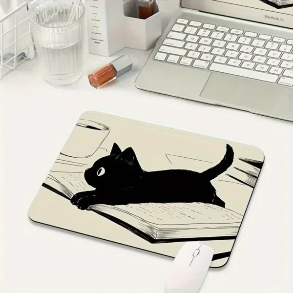 Alfombrilla de ratón con ilustración de gato negro, alfombrillas pequeñas para mesa de oficina, accesorios de ordenador, goma antideslizante lavable con borde de bloqueo de precisión - Imagen 2