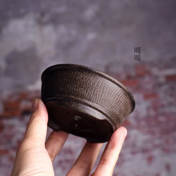 Cuenco circular de cerámica para bonsái, maceta tallada a mano con patrón de rayas verticales, decoración de mesa para el hogar y jardín chino