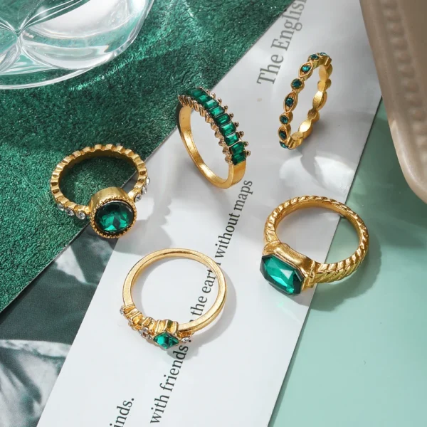 KISSWIFE-Juego de anillos de Gema verde Vintage para mujer y niña, anillos de dedo de circón de Metal de Color dorado, joyería elegante para mujer, 5 unids/set, 2022 - Imagen 2