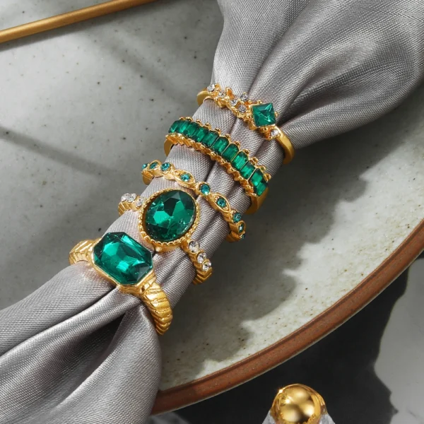 KISSWIFE-Juego de anillos de Gema verde Vintage para mujer y niña, anillos de dedo de circón de Metal de Color dorado, joyería elegante para mujer, 5 unids/set, 2022 - Imagen 5