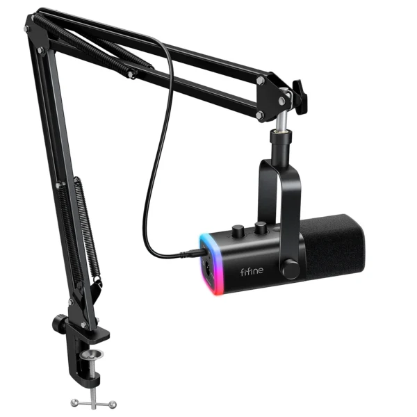 FIFINE-Kit de micrófono para juegos XLR/USB con conector para auriculares/silencio/RGB/soporte de brazo, conjunto de micrófono dinámico para PC PS5/4, mezclador AmpliGame AM8T