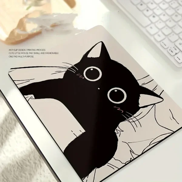 Alfombrilla de ratón con ilustración de gato negro, alfombrillas pequeñas para mesa de oficina, accesorios de ordenador, goma antideslizante lavable con borde de bloqueo de precisión - Imagen 3