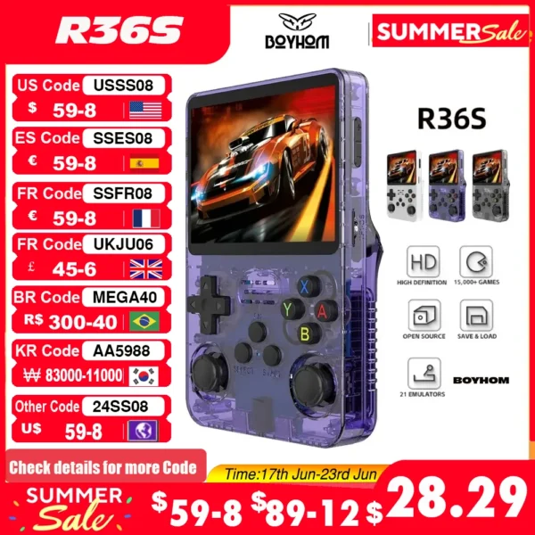 Consola de videojuegos portátil Retro R36S, sistema Linux, pantalla IPS de 3,5 pulgadas, reproductor de vídeo de bolsillo, R35S, 64GB de juegos