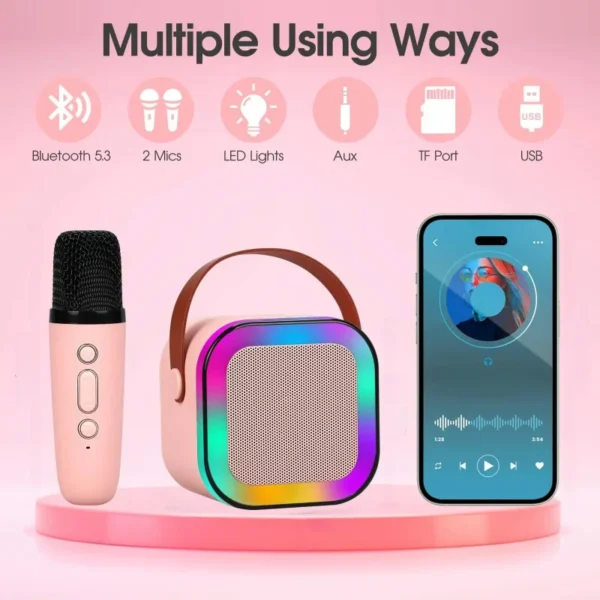 Altavoz Bluetooth inalámbrico K12 con 2 micrófonos, reproductor de música portátil RGB, máquina de Karaoke para canto familiar, regalos para niños - Imagen 5