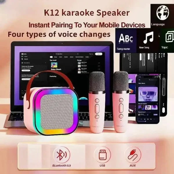Altavoz Bluetooth inalámbrico K12 con 2 micrófonos, reproductor de música portátil RGB, máquina de Karaoke para canto familiar, regalos para niños - Imagen 3