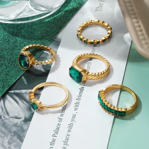 KISSWIFE-Juego de anillos de Gema verde Vintage para mujer y niña, anillos de dedo de circón de Metal de Color dorado, joyería elegante para mujer, 5 unids/set, 2022 - Imagen 3