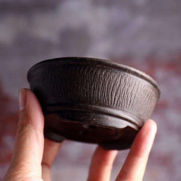 Cuenco circular de cerámica para bonsái, maceta tallada a mano con patrón de rayas verticales, decoración de mesa para el hogar y jardín chino - Imagen 2