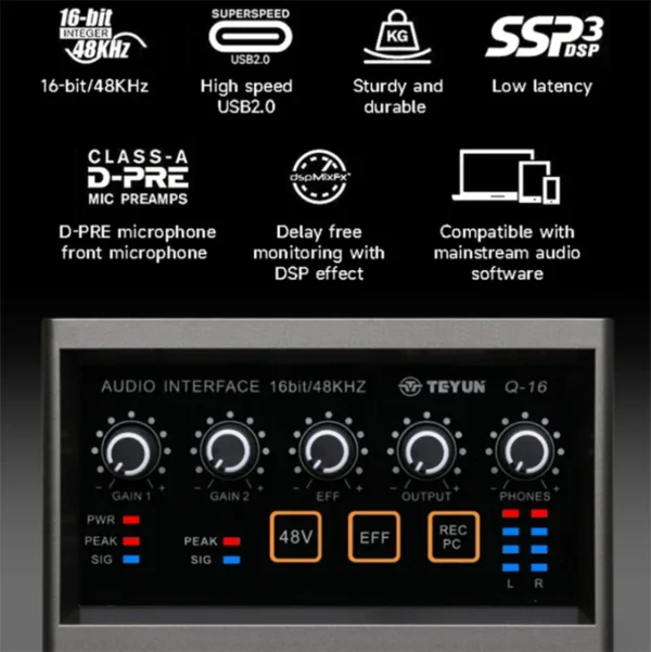 TeyunQ16 Interfaz de Audio para Grabar Computadora Unidad Libre Tarjeta de Sonido Externa USB para Pc Pro Equipo de Audio Video Profesional - Imagen 2
