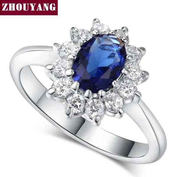 ZHOUYANG-Anillo de cristal de princesa Kate para mujer, Gema azul, cristal azul, Color plateado, anillo de boda, joyería de marca, ZYR076