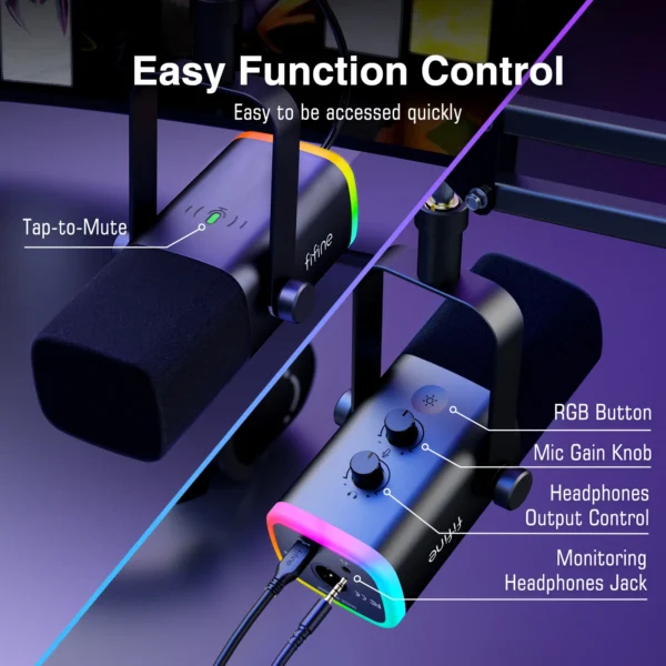 FIFINE-Kit de micrófono para juegos XLR/USB con conector para auriculares/silencio/RGB/soporte de brazo, conjunto de micrófono dinámico para PC PS5/4, mezclador AmpliGame AM8T - Imagen 5