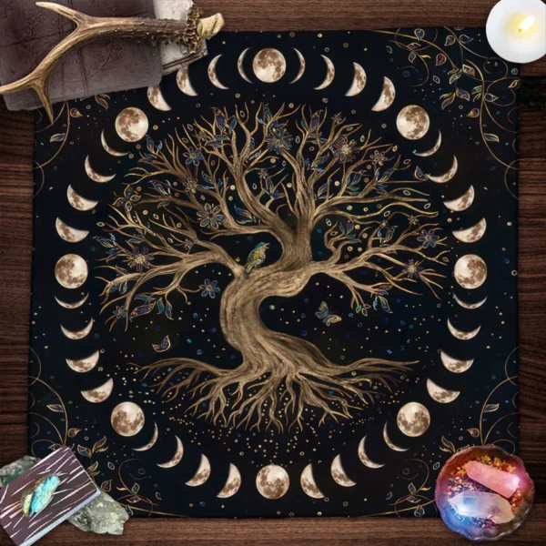 Mantel de cartas de Tarot de árbol de la vida, mantel de plantas de fase lunar para Tarot, bruja, Wicca, tela de Altar, tela de adivinación, almohadilla para tarjetas