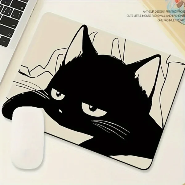 Alfombrilla de ratón con ilustración de gato negro, alfombrillas pequeñas para mesa de oficina, accesorios de ordenador, goma antideslizante lavable con borde de bloqueo de precisión