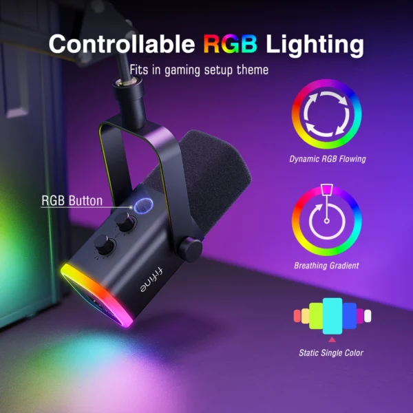 FIFINE-Kit de micrófono para juegos XLR/USB con conector para auriculares/silencio/RGB/soporte de brazo, conjunto de micrófono dinámico para PC PS5/4, mezclador AmpliGame AM8T - Imagen 4