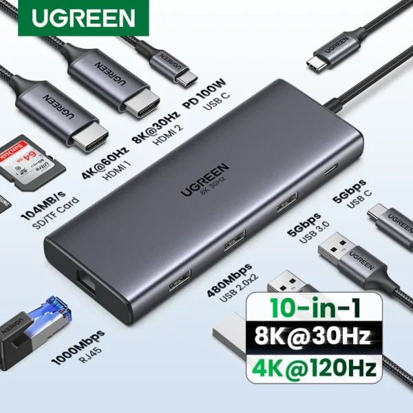 UGREEN Dual HDMI USB-C HUB 8K 4K HDMI Adaptador 10 en 1 Divisor con RJ45 USB3.0 PD 100W Dock para MacBook Pro Air Laptop USB HUB