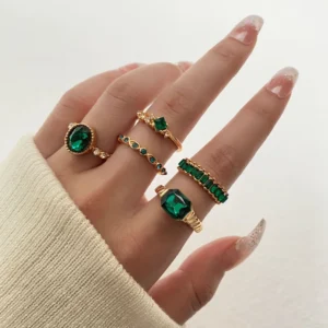 KISSWIFE-Juego de anillos de Gema verde Vintage para mujer y niña, anillos de dedo de circón de Metal de Color dorado, joyería elegante para mujer, 5 unids/set, 2022