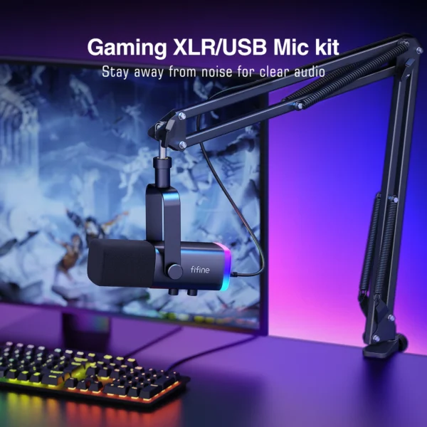 FIFINE-Kit de micrófono para juegos XLR/USB con conector para auriculares/silencio/RGB/soporte de brazo, conjunto de micrófono dinámico para PC PS5/4, mezclador AmpliGame AM8T - Imagen 2