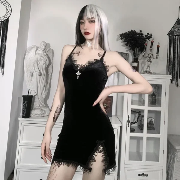 Dark Cross Black Mini Dress Vintage Sexy Spaghetti Strap High Waist Slit Dresses Goth Party Club Women Dress - Imagen 2