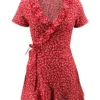 Summer Women’s Floal A-Line Dress Sweet Elegant Floral Ruffles V-neck Bandage Short Dress for Lady Chic Flowers Mini Dress - Image 4