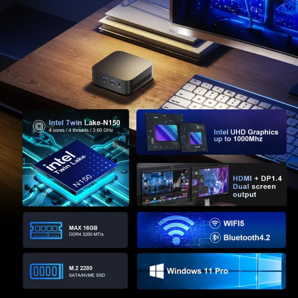 T10 Mini PC Intel Twin Lake N150 Windows 11 Ultra Small Pocket Computer 4K 60Hz 4K 60Hz Output Wifi5 BT4.2 - Imagen 3