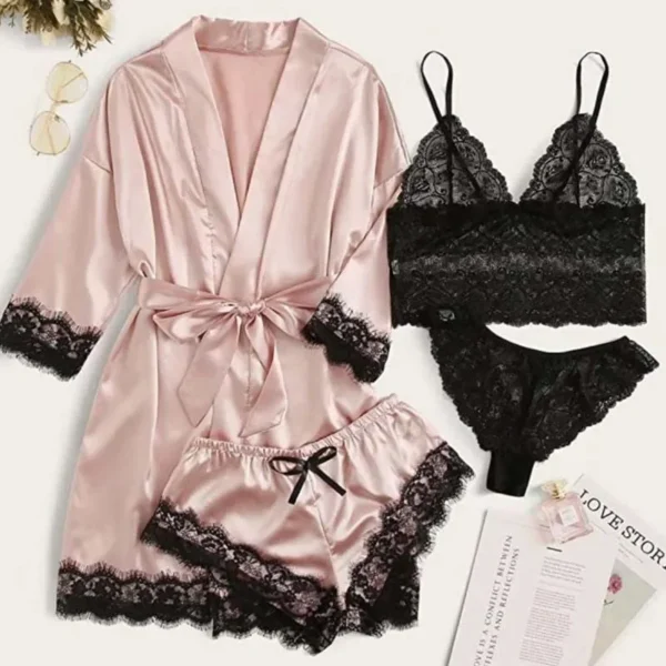 4 Pieces Woman Sleepwear Pajamas Ser With Robe Sexy Lace Lingerie Bathrobe Silk Satin Home Clothed Nightwear Robe - Imagen 3