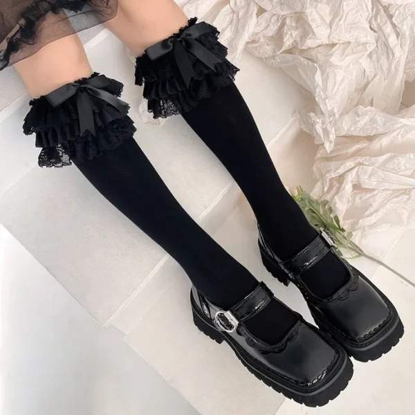 JK Lolita Women Stockings Y2k Girls Ruffle Long Socks Stockings Japanese Style Kawaii Bowknot Cute Lacework Knee Socks Stockings - Imagen 6