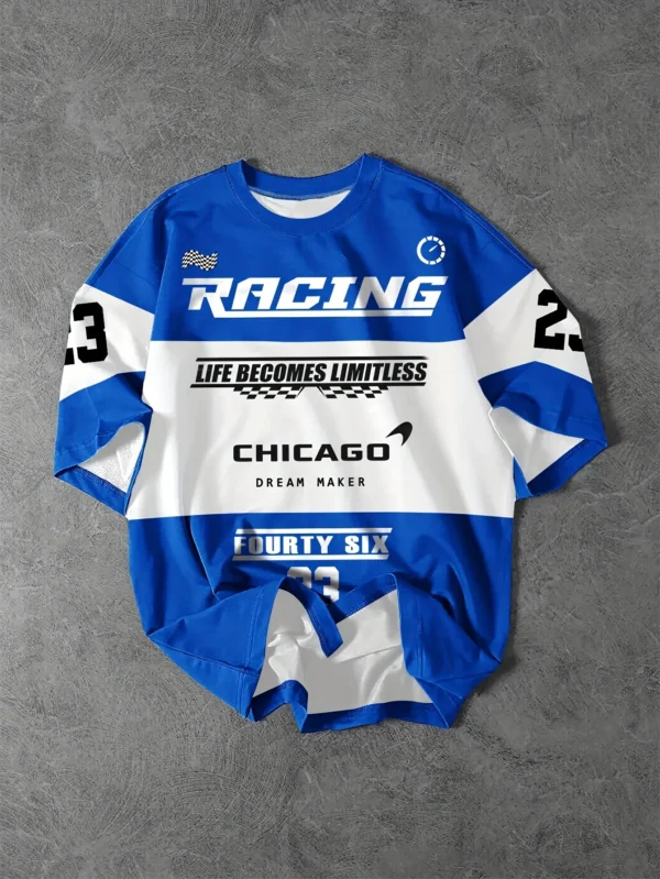 Men's Racing Theme Plaid Flag Pattern Letter Print T-shirt,Round Neck Short-sleeved T-shirt,Summer Outdoor Fashion - Imagen 4