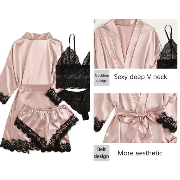 4 Pieces Woman Sleepwear Pajamas Ser With Robe Sexy Lace Lingerie Bathrobe Silk Satin Home Clothed Nightwear Robe - Imagen 2
