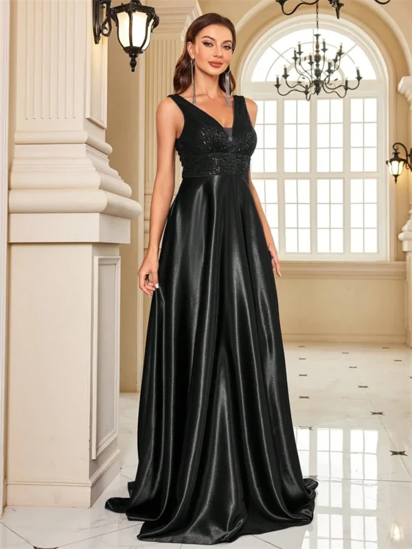 Elegant Sequins Evening Dress For Women 2024 Deep V-neck Satin Prom Party Green Dress Floor Length Blue Formal Gowns - Imagen 4
