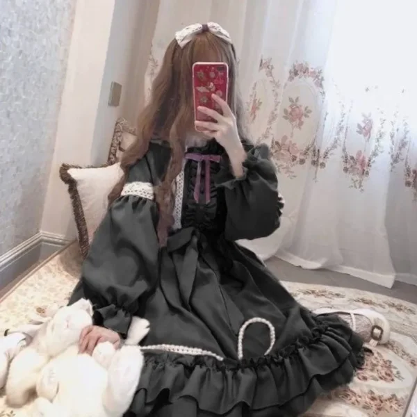 Alice In Wondeland Cute Women Lolita OP Dress Flouncing Lace Trim Japanese Harajuku Long Sleeves Doll Teen Dress Fairy Vestidos - Imagen 2