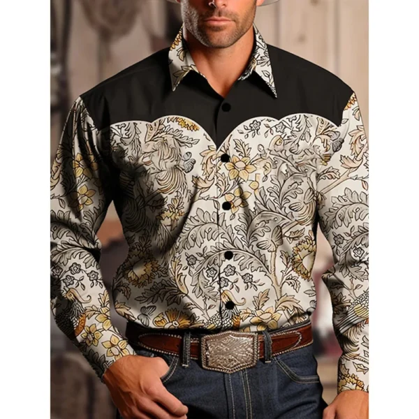 Men's Yellowstone Western Denim Shirt Two-tone patchwork pattern Men's roll-down button top Stylish casual long-sleeved shirt - Imagen 2
