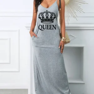Women's Summer QUEEN Letter Printed Slim Fit V-neck Sexy Dress Puff Short Sexy Women's Clothing Vacation Female Dresses