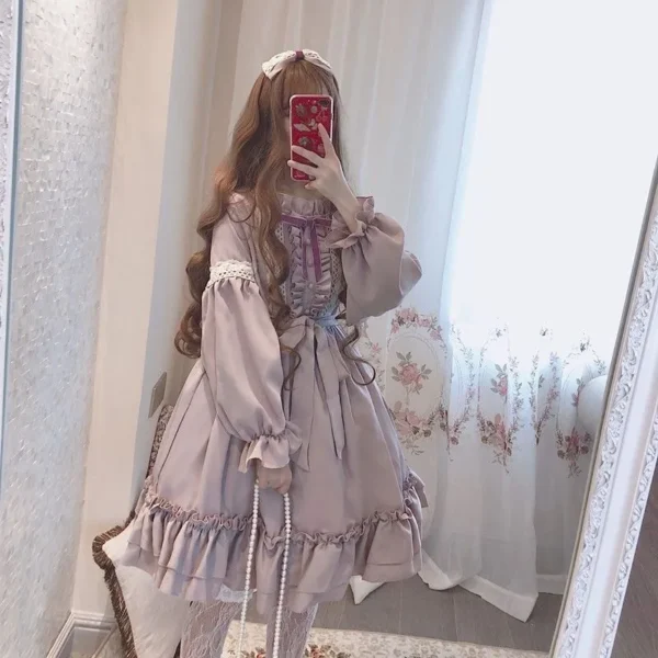 Alice In Wondeland Cute Women Lolita OP Dress Flouncing Lace Trim Japanese Harajuku Long Sleeves Doll Teen Dress Fairy Vestidos - Imagen 5
