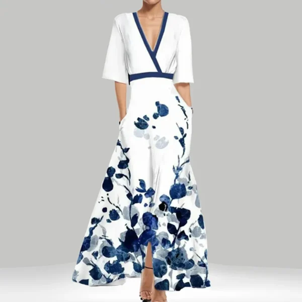 Elegant Short Sleeve Printed Dress For Women High-waisted A-line V Neck Pullover Vestidos Trendy Summer Clothing 2025 Robes - Imagen 4