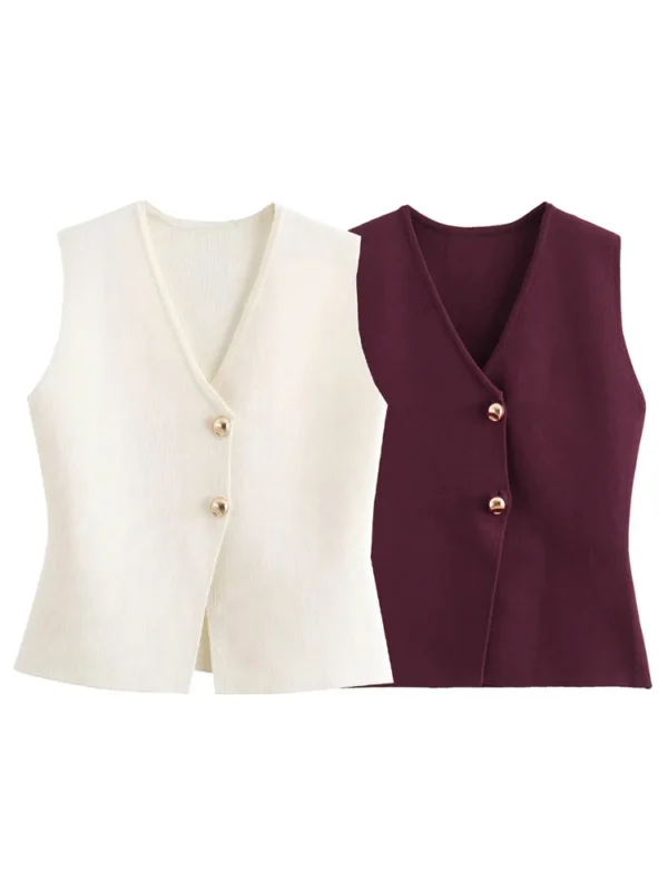 TRAF Women Knit Vest Tops Sweater Women's Sleeveless Vest Knitwears Knitted Vest Autumn Cardigan Red White Black Female Vest - Imagen 4