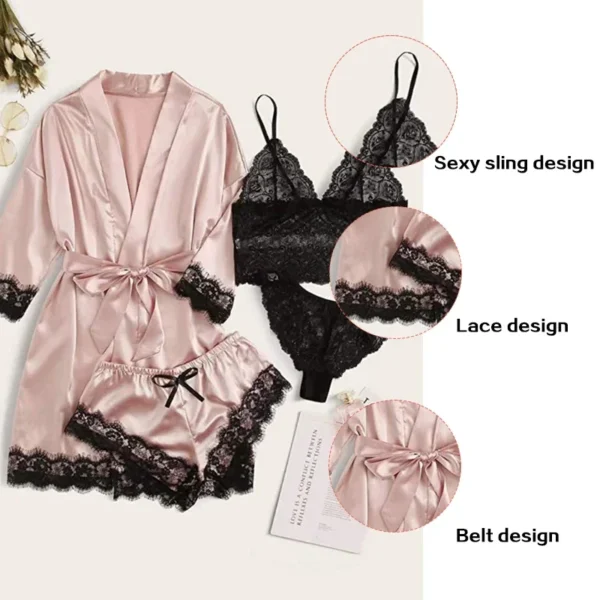 4 Pieces Woman Sleepwear Pajamas Ser With Robe Sexy Lace Lingerie Bathrobe Silk Satin Home Clothed Nightwear Robe - Imagen 4