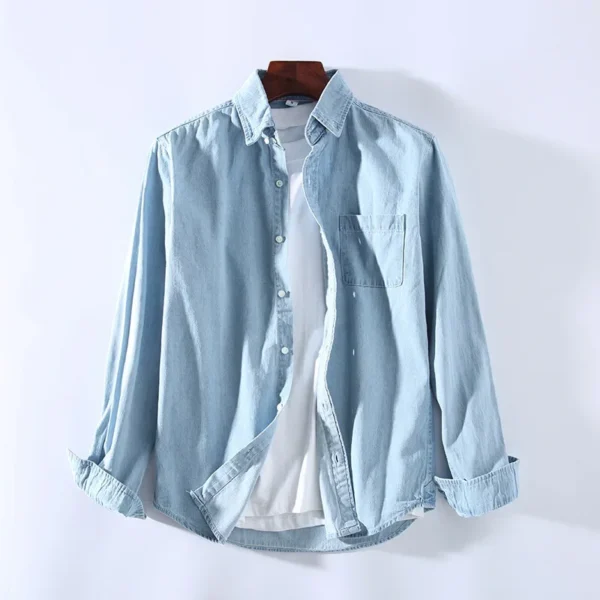 Men's Casual Denim Shirt Fashion New Simple Casual Cotton Slim Jean Long Sleeve Shirt Male Brand Clothes Top Blue - Imagen 2