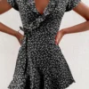 Summer Women’s Floal A-Line Dress Sweet Elegant Floral Ruffles V-neck Bandage Short Dress for Lady Chic Flowers Mini Dress - Image 2