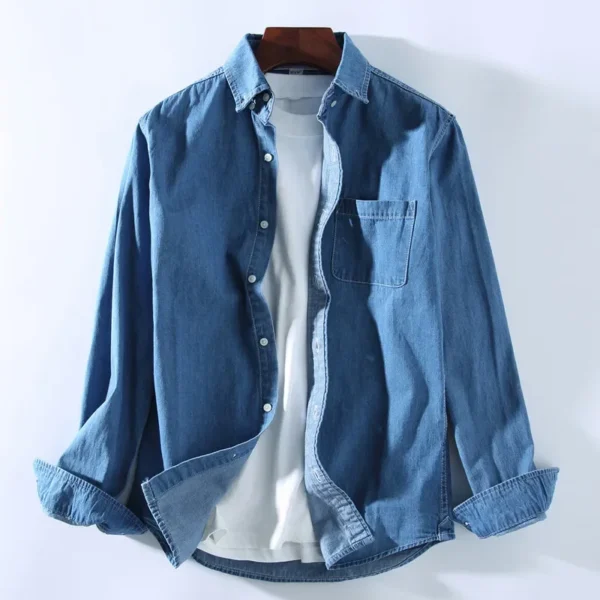 Men's Casual Denim Shirt Fashion New Simple Casual Cotton Slim Jean Long Sleeve Shirt Male Brand Clothes Top Blue - Imagen 4