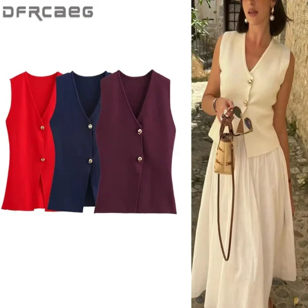 Knit Sleeveless Vest Woman Button New 2025 Spring Cropped Vests for Women Streetwear Basic Vest Top Women Knitted Vest For Women