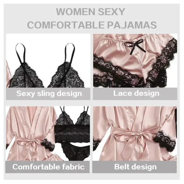 4 Pieces Woman Sleepwear Pajamas Ser With Robe Sexy Lace Lingerie Bathrobe Silk Satin Home Clothed Nightwear Robe - Imagen 6