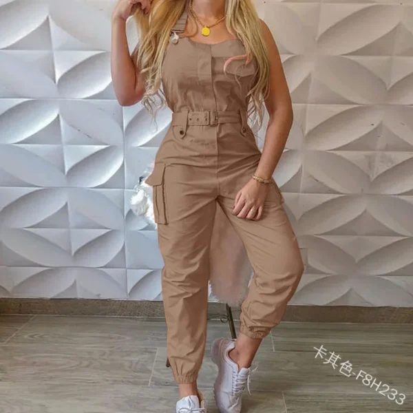 Autumn Women's Clothing Bodysuit Jumpsuit 2023 Simple Zipper Cargo High Waisted Conjoined Body Pants Sleeveless Strap Trousers - Imagen 3