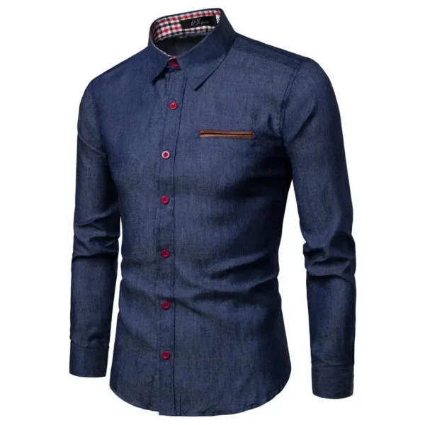 Spring Men's Shirt Imitation Denim Long Sleeved Shirt Fake Pocket Patchwork Retro Made Old Shirt - Imagen 4