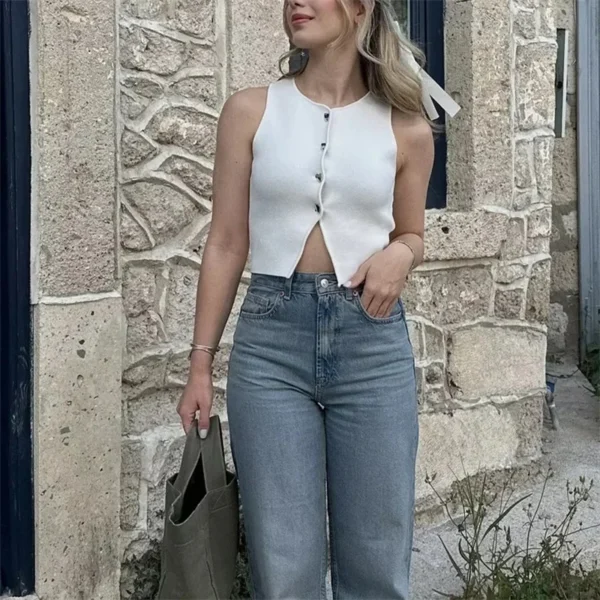 TRAF Cropped Knit Vest Women Cardigan White Sleeveless Vest Woman Fashion Button Knitted Sweater Vest Female Summer Short Tops - Imagen 4
