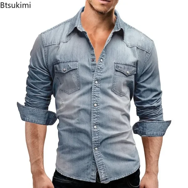 New 2025 Men's Denim Shirt Fashion Short Sleeve Soft Solid Slim Cowboy Tops Men Trend Streetwear Vintage Casual Cardigan T-shirt - Imagen 6