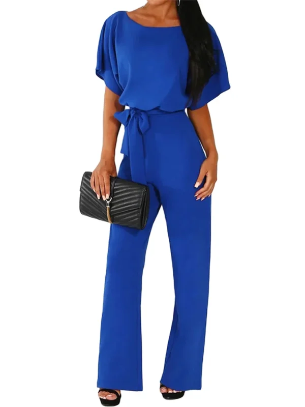Women Jumpsuits Elegant Solid Color Flare Short Sleeve Waist Tie Wide Leg Pants Romper Summer Streetwear - Imagen 5