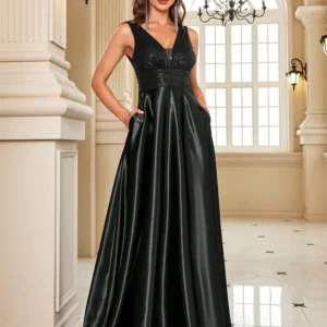 Elegant Sequins Evening Dress For Women 2024 Deep V-neck Satin Prom Party Green Dress Floor Length Blue Formal Gowns