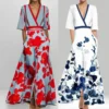 Elegant Short Sleeve Printed Dress For Women High-waisted A-line V Neck Pullover Vestidos Trendy Summer Clothing 2025 Robes